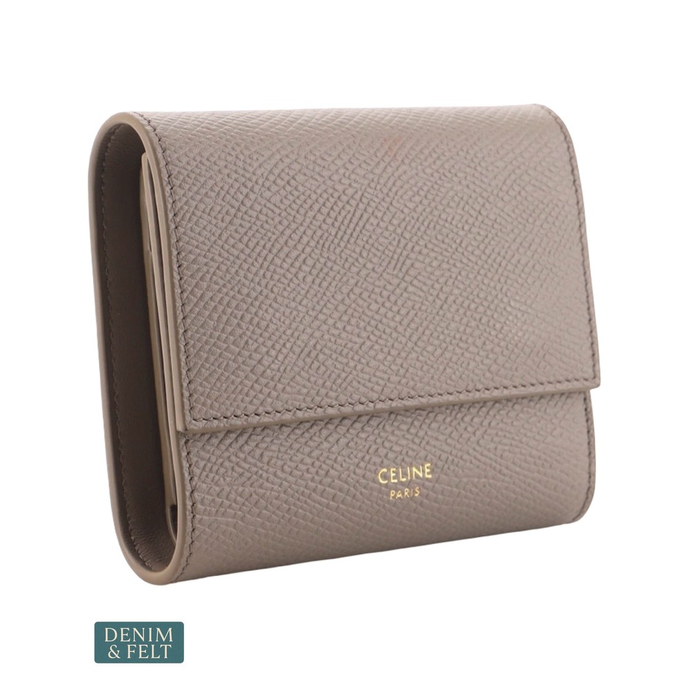 Celine Small‎ Trifold Wallet Taupe Grained Leather Compact Snap Closure